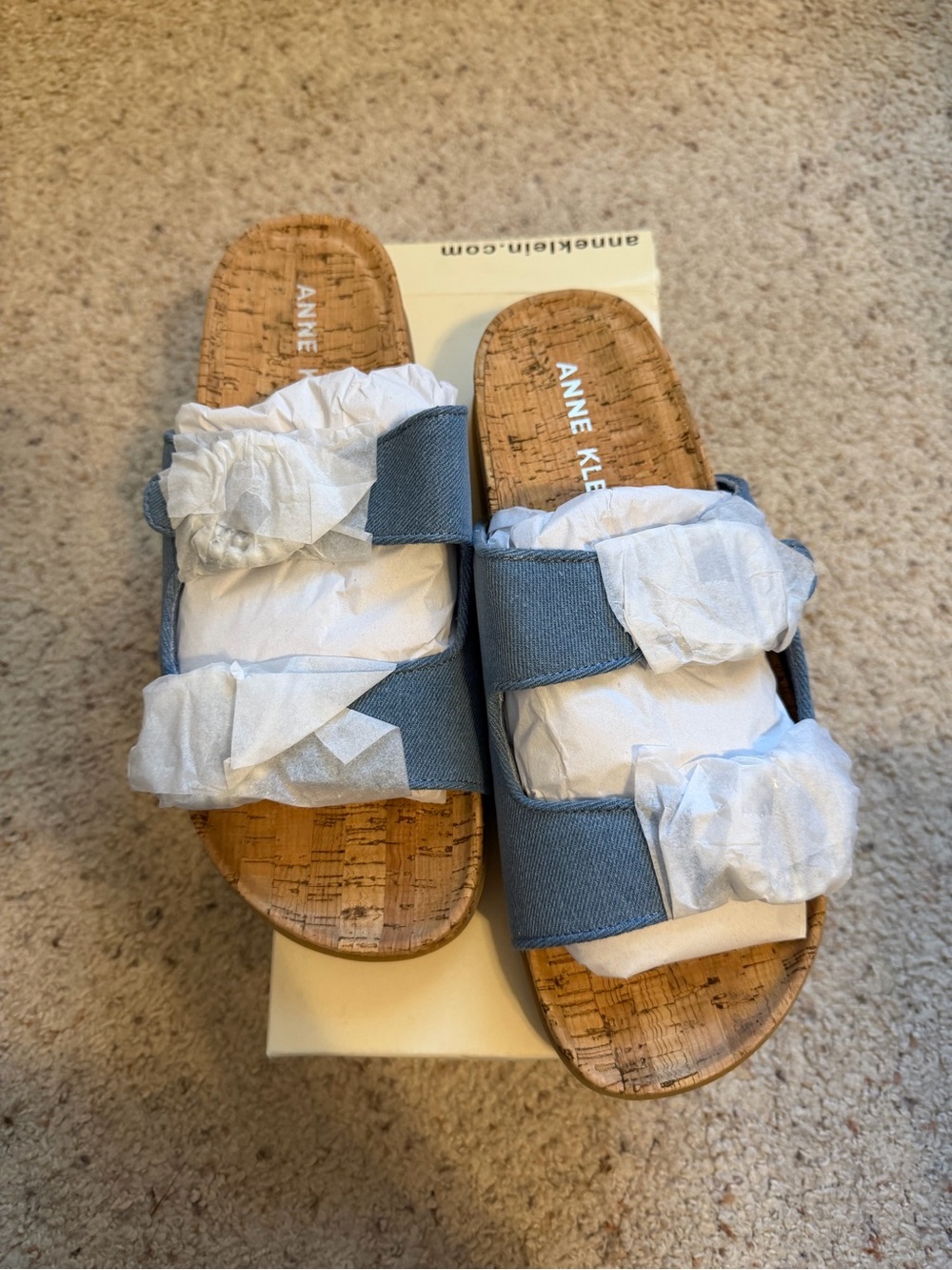 Anne Klein Happy Denim Pearl Embellished Cork Slide Sandals Size 11M